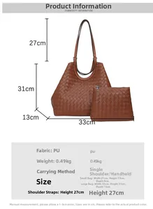 Size chart and dimensions for woven tote bag and inner pouch in high-quality PU leather