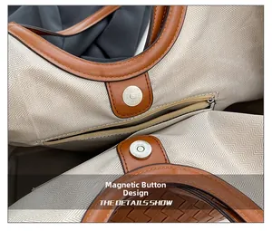 Magnetic closure design with herringbone lining and interior zip pocket detail