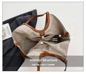 Macro view of the tote bag interior with zipper pocket and multiple compartments