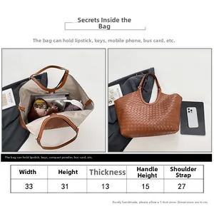 Detailed size chart and internal capacity view of the vintage woven leather tote bag