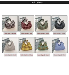 Collage of plaid drawstring cloud bags in various colors like purple, red, and blue