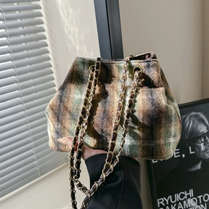 Chic plaid bucket bag with gold chain strap in wool fabric for autumn and winter styles