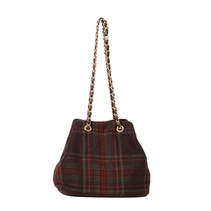 Retro plaid wool shoulder bag with red and green checkered patterns and gold chain straps