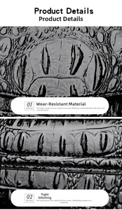 Macro detail of wear-resistant black crocodile embossed leather with durable stitching