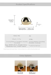 Detailed size specifications for the metallic oval crossbody bag in gold and silver