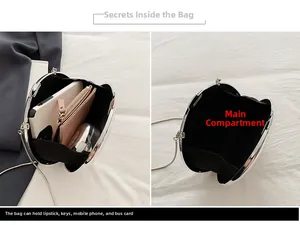 Internal view of silver evening clutch bag showing capacity for phone and cosmetics