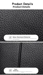 Close-up of black lychee grain leather tote bag showing durable fabric and tight stitching