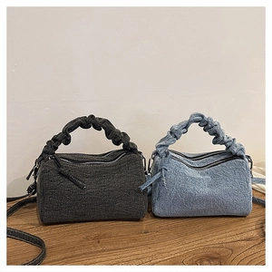 Denim Handbag Women Ruched Handle Shoulder Crossbody Bag Retro Casual Double Zipper Fashion Versatile Daily Purse
