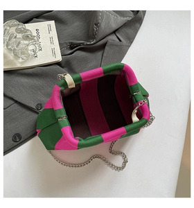 Vue détaillée du sac à main rayé rose et vert avec une fine bandoulière en chaîne