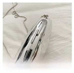Close-up of polished silver acrylic handbag with metallic snake chain and mirror finish