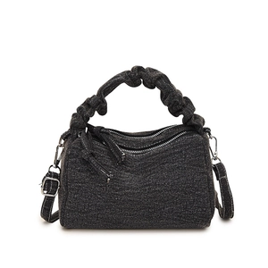 Dark grey denim shoulder bag with gathered handle and double zipper closure detail