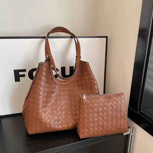 Retro brown woven tote bag set with matching pouch and vintage Intrecciato texture