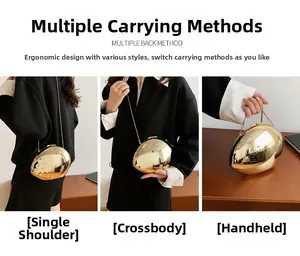 Detailed views of gold egg-shaped evening clutch showing crossbody and handheld styling