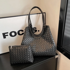Retro woven leather tote bag and zipper pouch set with signature woven design in black