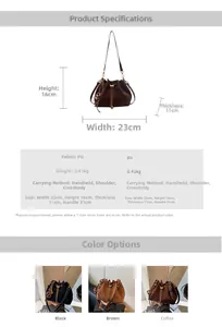 Detailed size and specification chart for the vintage PU leather drawstring bucket bag