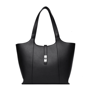 Detailed view of black litchi pattern leather tote bag with silver metal swivel lock