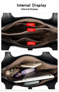 Detailed interior of large black tote bag with brown lining and multiple compartments
