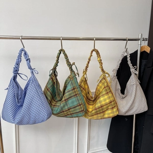 Women Plaid Crossbody Bag Canvas Large Capacity Ruched Shoulder Strap Pleated Hobo Tote Casual Fashion