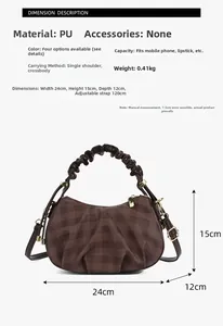 Detailed dimension guide for brown checkered hobo bag with adjustable strap measurements