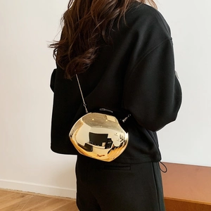 Spherical golden mirror acrylic clutch bag with a sleek metal chain for women's party