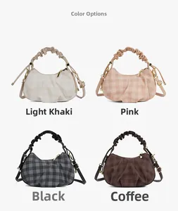 Detailed grid view of plaid hobo bags in light khaki, pink, black, and coffee colors