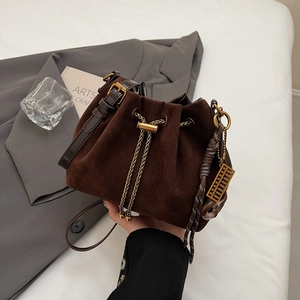 Retro dark brown frosted suede bucket bag with gold chain drawstring and bead charm