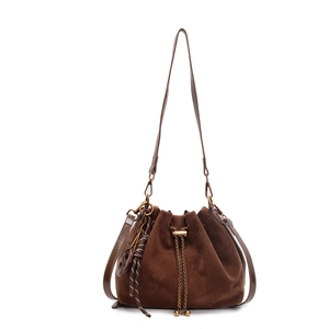 Vintage brown frosted leather bucket bag with drawstring closure and gold chain detail