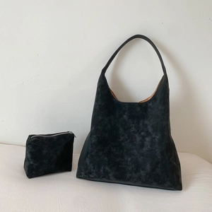 Minimalist black matte leather hobo bag set with large shoulder tote and small pouch