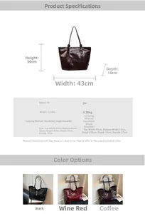 Detailed size chart for the PU leather tote bag with dimensions and weight specs