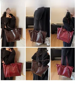 Collage of large tote bags in coffee and dark red oil leather shown by a model