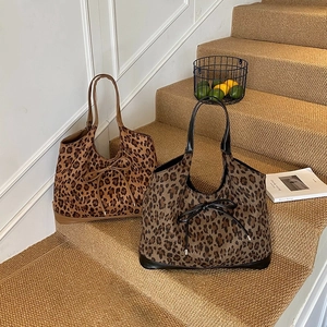 Leopard Print Tote Bag PU Leather Suede Large Capacity Bow Decor Underarm Shoulder Handbag Fashion Commute For Women