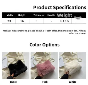 Detailed size chart and dimensions for the plush shoulder bag with pearl chain straps