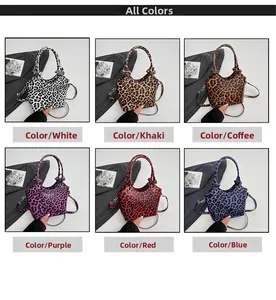 Leopard print bucket bags in six colors with round handles and crossbody straps