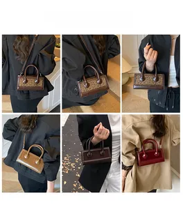 Detailed views of leopard print and solid crossbody bags with decorative round buckles