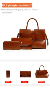 Three-piece brown faux leather bag set including tote bag, clutch and long zipper wallet