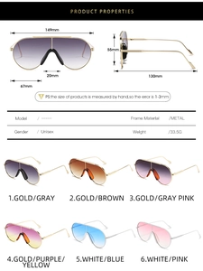Detailed dimension chart and six color options for unisex oversized pilot sunglasses
