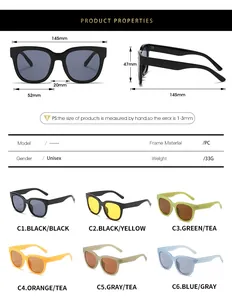 Detailed size chart for oversized candy color sunglasses with PC frame measurements