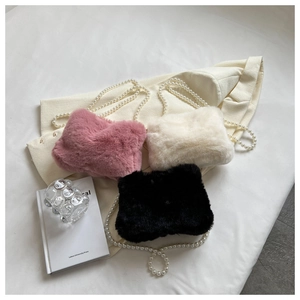 Women Faux Fur Baguette Bag With Faux Artificial Pearl Chain Strap Plush Crossbody Underarm Bag Soft Korean Style Chic Bag