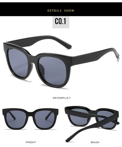 Three-angle views of black oversized sunglasses with thick frames and dark grey lenses