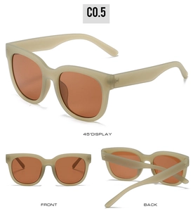 Three-view display of retro square oversized sunglasses in matte cream with amber lenses