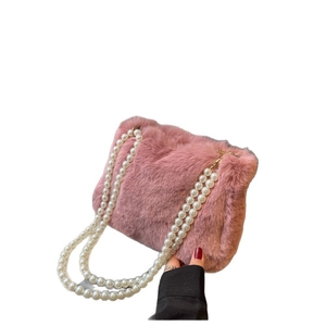 Pink faux fur plush handbag for women with elegant double pearl chain shoulder straps