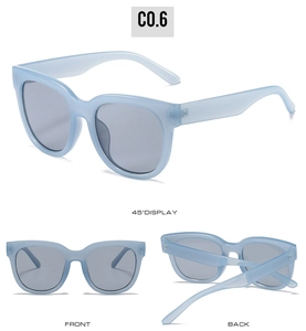 Detailed views of light blue matte oversized sunglasses showing front, back and side profiles