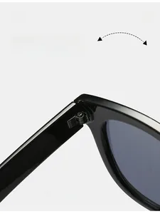 Detail of durable texture hinge and glossy black frame on summer oversized sunglasses