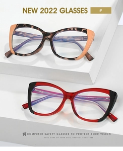 Detail view of TR90 cat-eye blue light glasses featuring inner temple model code TR-P5010