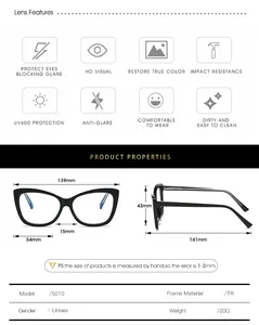 Detailed size guide and technical specifications for TR90 cat eye blue light glasses