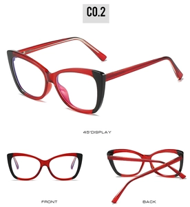 Three-view display of red and black cat-eye TR90 frames from front, back, and 45-degree angle