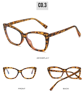 Three views of tortoise shell cat-eye TR90 frames with blue light blocking lenses