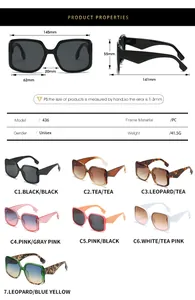 Size chart and technical specifications for square frame unisex fashion sunglasses