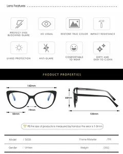 Detailed size chart for TR90 cat-eye glasses frame with 142mm width and 135mm temples