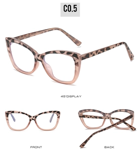 Detail view of pink leopard print cat-eye glasses frame with front and back display